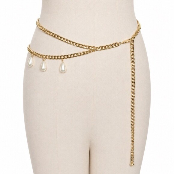 Vintage Pearl Teardrop Dangle Double Layer Gold Curb Chain Belt womens large XL main image 3